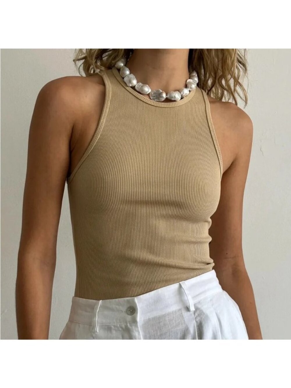 DONNI. Rib High Neck Tank Sz M Oat Made in USA Minimal Capsule